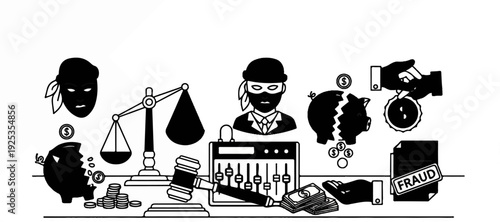 Illustration of financial crime, legal justice, and broken savings
