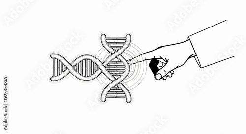 Hand pointing at a DNA double helix with radiating energy