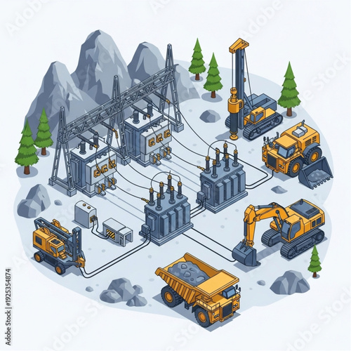 Isometric illustration of mining operation with machinery and infrastructure.