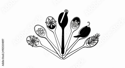 Spoons hold various spices and herbs, arranged in a fan shape
