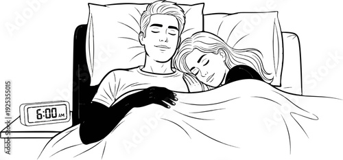 Peaceful couple sleeps soundly in bed at 6 AM