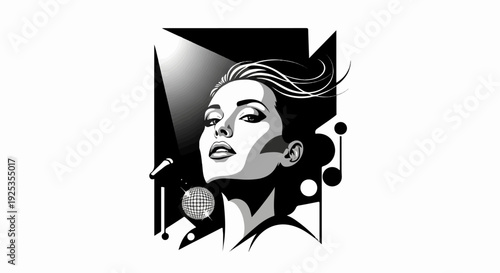 Dramatic black and white portrait of a woman under a spotlight with a disco ball