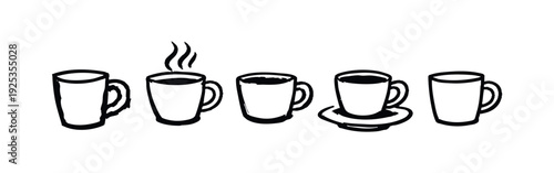 Collection of hand drawn coffee and tea cups with steam and saucer