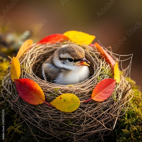 Wallpaper Mural Baby Bird Sitting in Nest with Leaves. Torontodigital.ca