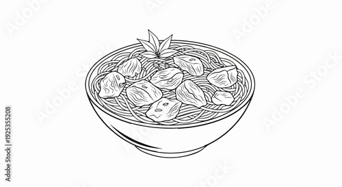 Bowl of noodles with meat and garnish, line art