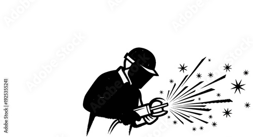 Silhouette of a worker in protective gear using a grinding tool, creating sparks