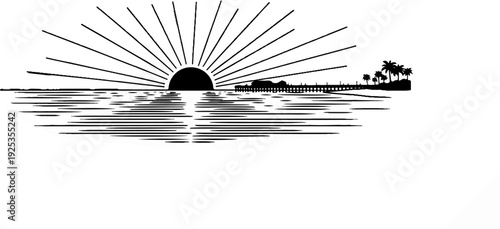 Silhouette of a sunrise over ocean with pier and palm trees on island