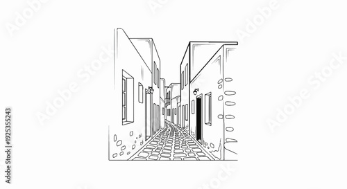 Sketch of a sun-drenched, cobblestone lane between whitewashed buildings
