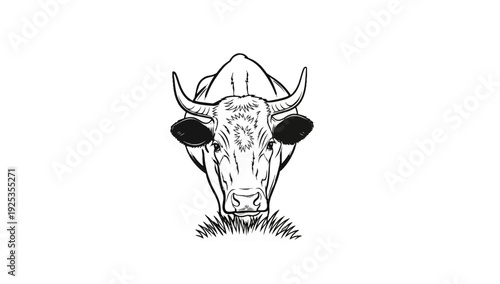 Black and white line art of a cow's head grazing in grass