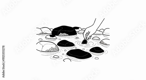 Hand picking a pebble from a shallow, rocky stream with ripples