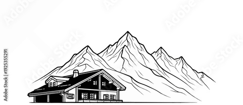 Black and white illustration of a chalet nestled beneath majestic, jagged mountains