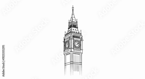 Hand-drawn black and white sketch of a tall, ornate clock tower with a spire