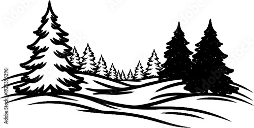 Stylized black and white illustration of evergreen trees in a snowy landscape