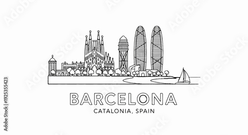 Line art skyline of Barcelona, Catalonia, Spain, featuring iconic architecture and a sailboat