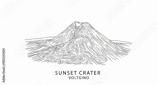 Stylized line drawing of a volcano with a path winding up its side