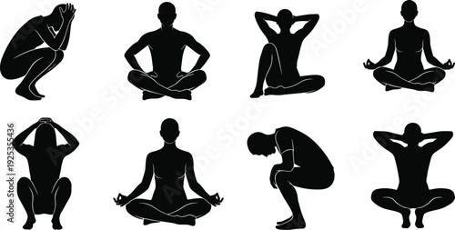 Meditation and Stress Relief Silhouette Set Showing Mindfulness Practice, Mental Health Awareness and Relaxation Poses for Wellness Lifestyle Concept