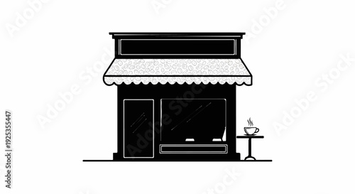 Minimalist storefront with awning patterned with coffee beans, single cup