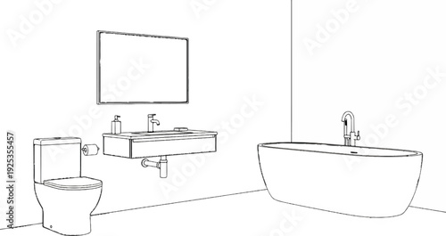 Minimalist black and white sketch of a modern bathroom interior