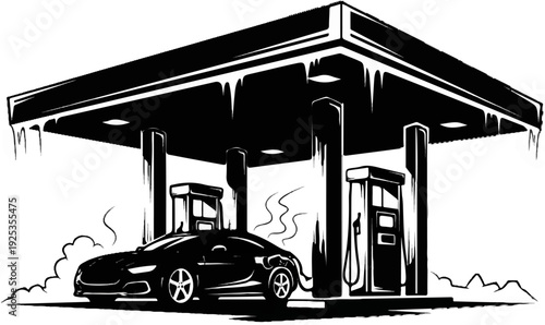 Modern black car at a winter gas station with frosty overhangs