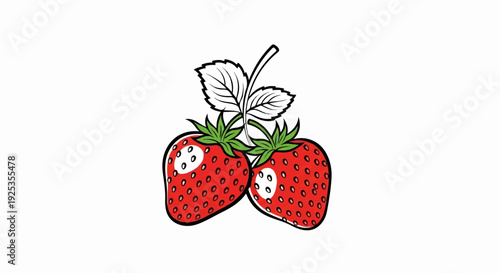 Two red strawberries with green stems and leaves, on white background