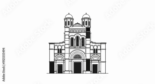 Ornate church facade with twin towers and a central dome