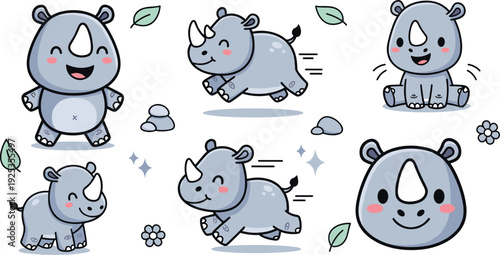 Cute Baby Rhino Cartoon Character Vector Collection Kawaii Rhinoceros in Running Sitting and Smiling Poses for Kids Nursery Design.
