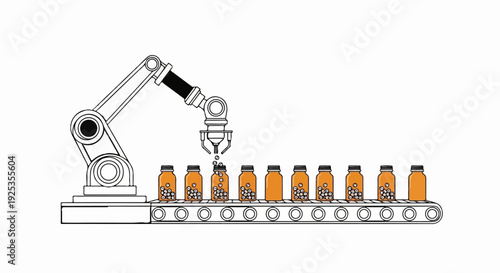 Robotic arm filling bottles on a conveyor belt with small objects
