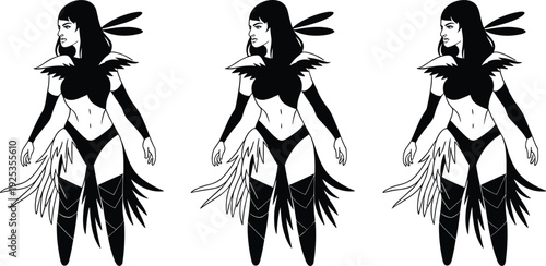 Three identical black and white of a woman in a fantasy costume with feathered accessories feathers