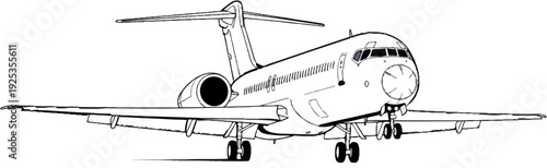 A line drawing of a passenger jet airplane on its landing gear