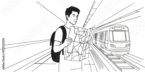 Young person with backpack and map on train platform