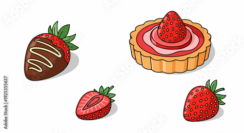 A cartoon illustration displays a chocolate-dipped strawberry and a strawberry tart