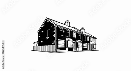 Row houses with pitched roofs, bay windows, and chimneys