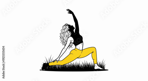 Woman in yoga pose, black top, yellow leggings, grass