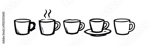 Hand drawn set of coffee cups with steam, foam, and saucer