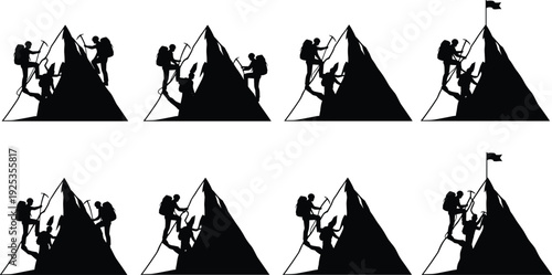 Mountain climbers silhouette collection reaching summit peak with flag isolated on white background adventure vector illustration set
