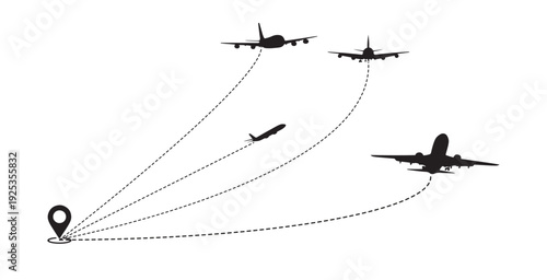 Multiple Airplane Flight Paths Departing from Map Pin Icon for Global Logistics and Travel Network, Global Air Travel Concept with Flight Paths.