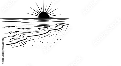 Stylized black and white drawing of a sun rising over the ocean with waves on a sandy shore