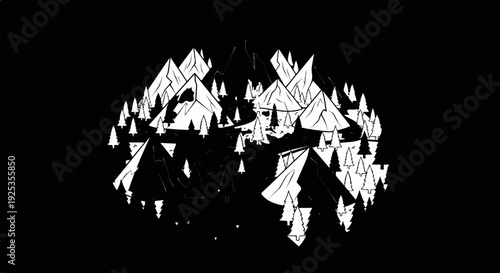 Stylized black and white forest and mountain scene within a circle