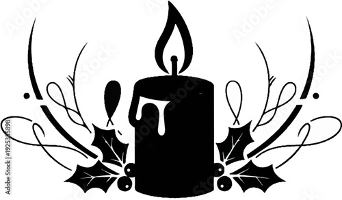 Stylized black silhouette of a candle with holly and decorative swirls