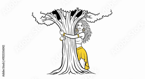 Woman embraces large tree trunk with curly hair and gold jewelry