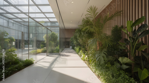 Bright interior hallway with glass walls and natural greenery elements