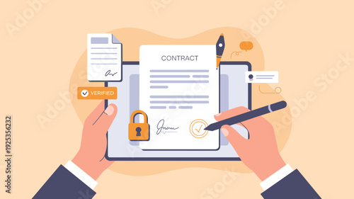 Hands signing digital contract on tablet with lock and verified badge icons, Concept of electronic signature, data security and online agreement.