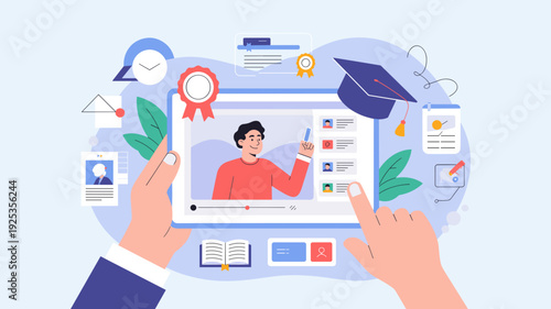 Hands holding tablet with online course video lesson and graduation icons, Concept of e learning, digital education and remote training.