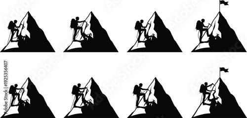 Mountain climber silhouette set with hikers reaching summit peak isolated on white background adventure vector illustration