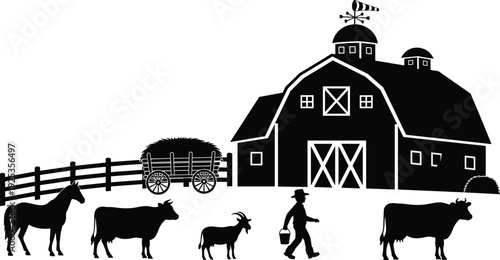 Rural farm barn silhouette with farmer horse cows goat and fence isolated vector countryside illustration scene