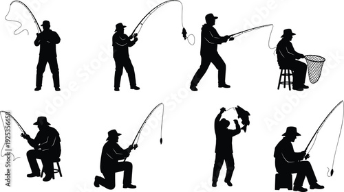 Black silhouette collection of male fishermen in various poses including casting lines, reeling in catches, sitting on stools, and holding fish on white background.