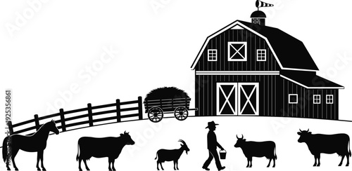 Farm barn and livestock silhouette scene with farmer horse cows goat fence isolated vector illustration