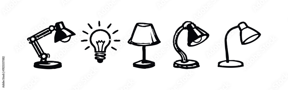 Obraz premium Hand-Drawn Lighting Icons Set - Desk Lamp, Light Bulb, and Table Lamps