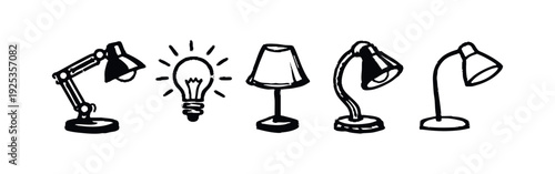 Hand-Drawn Lighting Icons Set - Desk Lamp, Light Bulb, and Table Lamps