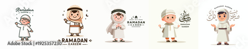 vector of a muslim little boy standing celebrating ramadan kareem